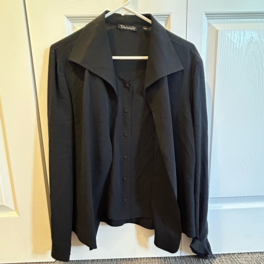Tahari Women's Dark Blue Button Down Collared Long-Sleeve Blouse 12